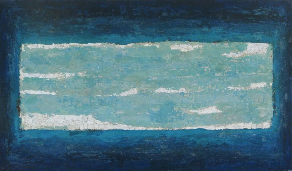 Barbara Pellizzari_Orizzonte6_2017_lacca, resina, pigmenti e foglie di metallo e gusci d’uovo su masonite_cm 80x136