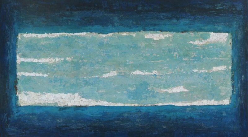 Barbara Pellizzari_Orizzonte6_2017_lacca, resina, pigmenti e foglie di metallo e gusci d’uovo su masonite_cm 80x136